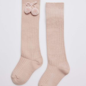 Calzini lunghi beige con pompon