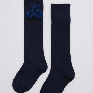 Calzini lunghi blu scuro con pompon
