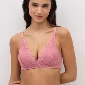 Reggiseno a triangolo senza ferretto imbottito in pizzo floreale rosa