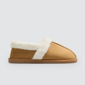 Pantofole da donna con dettagli in pelliccia di cammello