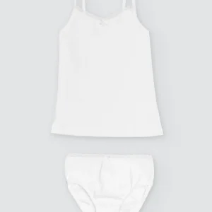 Completo maglietta bianca traforata e slip da bambina