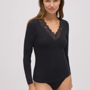 T-shirt nera a maniche lunghe in cotone con pizzo