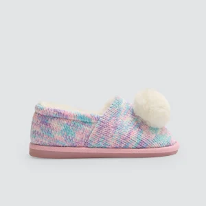 Pantofole colorate con pompon e tessuto intrecciato