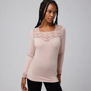 T-shirt termica color carne in pizzo a maniche lunghe