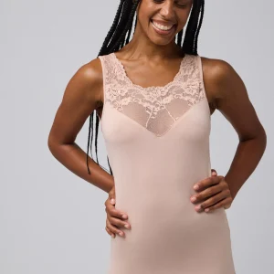 T-shirt termica in pizzo color carne senza maniche