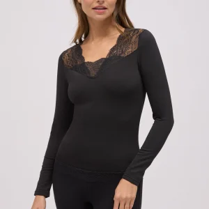 Maglietta termica con scollo a V e pizzo nero