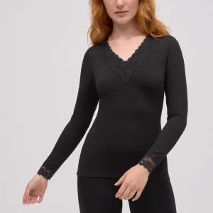 Maglietta termica con scollo a V e dettagli in pizzo nero