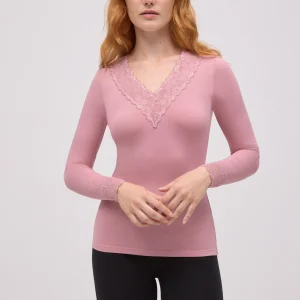 Maglietta termica con scollo a V e dettagli in pizzo rosa