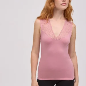 Canotta termica con scollo a V e dettagli in pizzo rosa