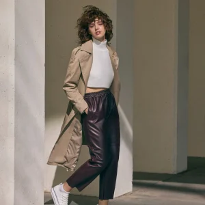 Pantaloni termici larghi effetto pelle bordeaux