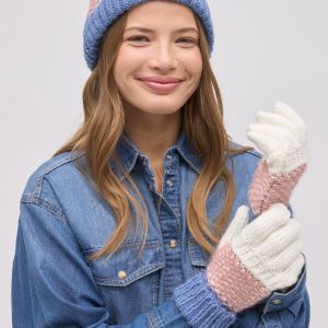 Set di berretto con pompon e guanti lavorati a maglia colorati