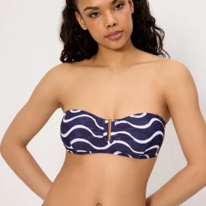 Top bikini a fascia con stampa onde blu navy, coppa C