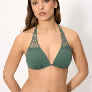 Reggiseno bikini a triangolo push-up in micropiqué verde bottiglia, coppa B