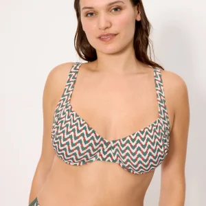 Reggiseno bikini snellente in micropiqué con stampa verde bottiglia, coppe E e F