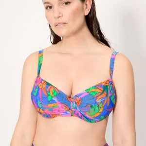 Top bikini con stampa tropicale e ferretto regolabile, coppe C e D