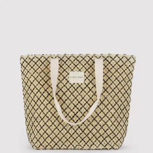 Borsa da spiaggia in rafia beige e nera