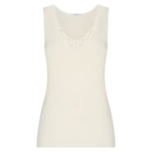 Canottiera spalla larga in lana e seta con macramè