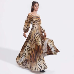 BEATRICE B – Abito tigrato lungo plissettato con pizzo