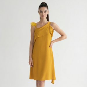 BEATRICE B – Abito Giallo Monospalla con Piume in Viscosa
