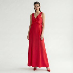 CHIARA BRUNI – Vestito Rosso Lungo da Sera Donna Elegante con Scollo a V (IT 48)