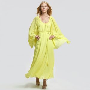 BEATRICE B. – Abito Lungo Plissé Giallo Lime – Maniche a Mantella