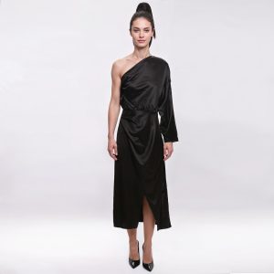 ERIKA CAVALLINI – Abito nero monospalla midi con manica lunga (S)