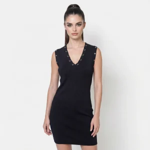 GUESS – Abito Donna Emily Nero Scollo a V Inserti Metallici (XS/M)
