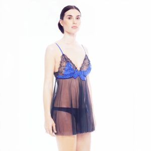 ROSAPOIS by VALERY Lingerie – Babydoll Nero in Tulle con Paillettes Blu e Pizzo (S/M)