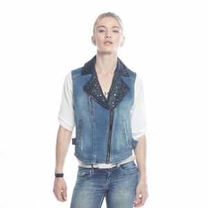 SILVIAN HEACH – Gilet Jeans Donna – Smanicato con Ecopelle e Borchie