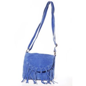 PIECES – Minibag Donna in Pelle Scamosciata Blu – Borsa a Tracolla con Frange