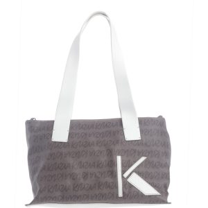 KRIZIA – Borsa a Spalla in Tela Marrone e Pelle Bianca – Logo K