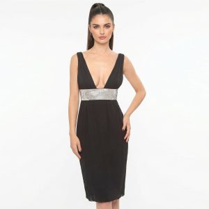 JOHN RICHMOND – Vestito Elegante Nero Donna in Seta con Gioiello