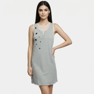 JIJIL – Abito Donna Grigio in Cotone e Seta con Pietre Gioiello