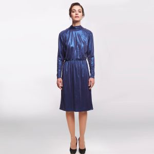 KONTATTO – Abito Elegante Blu Midi in Tessuto Lucido con Fiocco