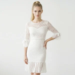 MANGANO – Vestito bianco Rahia  ricamato con maniche a fiocco