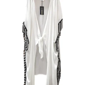 poncho - Miss Bikini black & white - bianco con frange