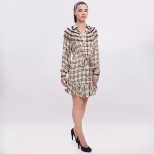 TWINSET – Abito Donna a Quadri Beige con Cintura e Pizzo