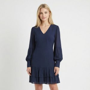 TWINSET – Abito corto punto Milano blu Midnight con balze (M)