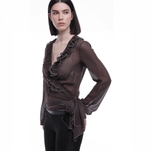 UNGARO FUCHSIA – Blusa Donna 100% Seta Marrone – Camicia Incrociata con Volant (IT 42)