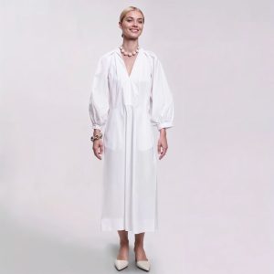ERIKA CAVALLINI – Abito Elegante Midi Bianco con Maniche a Palloncino
