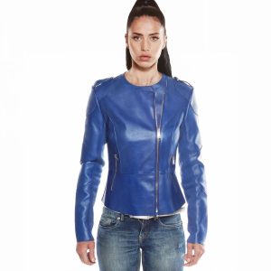 GUESS – Giacca Biker Donna Samantha – Pelle Blu Slim con Zip