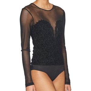 GUESS – Body donna nero a maniche lunghe con inserti trasparenti