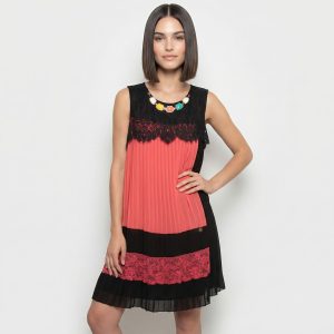 CHIARA BRUNI – Abito Donna Plissé Nero e Rosa con Pizzo | Taglia M