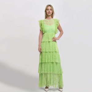 BEATRICE B. – Abito Lungo Verde Lime in Pizzo e Plissé a Balze