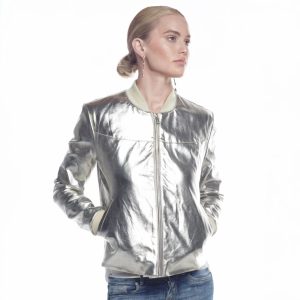 GUESS – Giacca Donna Oro – Bomber Lucido con Zip e Tasche