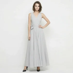 JIJIL – Vestito Lungo Grigio con Fiocco e Sottogonna