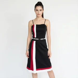 LOVE MOSCHINO – Vestito nero elegante in cotone con bande rosse e bianche e cintura