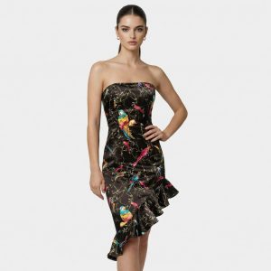 PINKO – Abito Corto Asimmetrico Nero con Fantasia Pappagalli Tropicali (S)