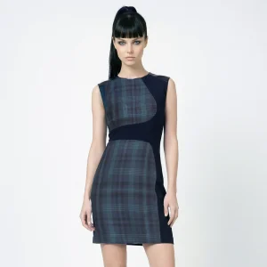 PINKO – Abito Lana Scozzese Nero Verde Ecopelle (L)