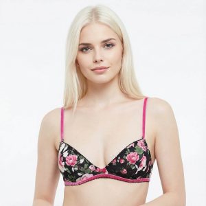 BLUMARINE UNDERWEAR – Reggiseno triangolo floreale nero con spalline in velluto (M)